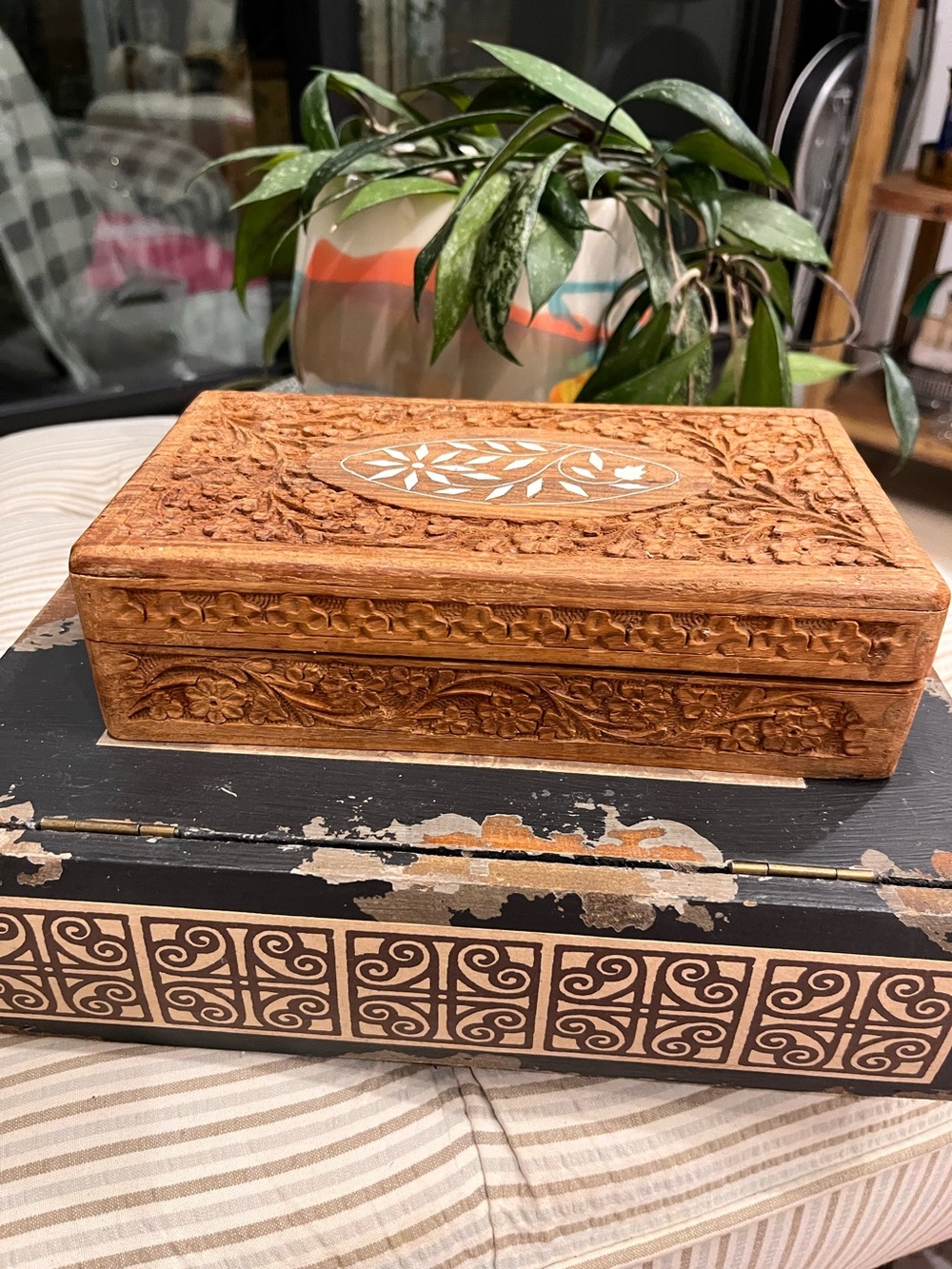 Hand-Carved Rose Wooden trinket Box with Inlay - Vibrant indigo felt interior